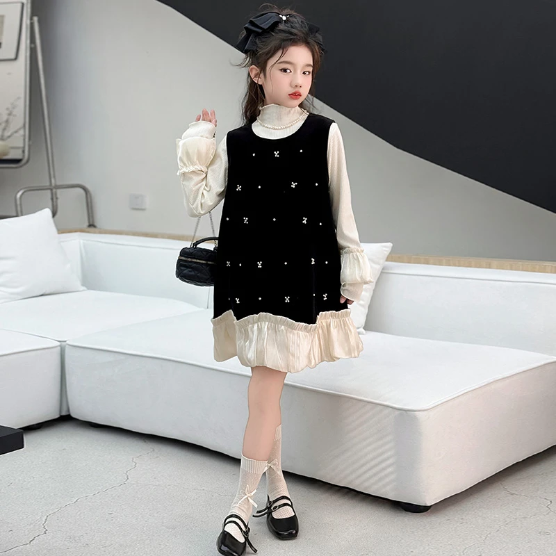 女童丝绒春季连衣裙背心裙珍珠裙打底衫两件套中大童洋气赫本公主