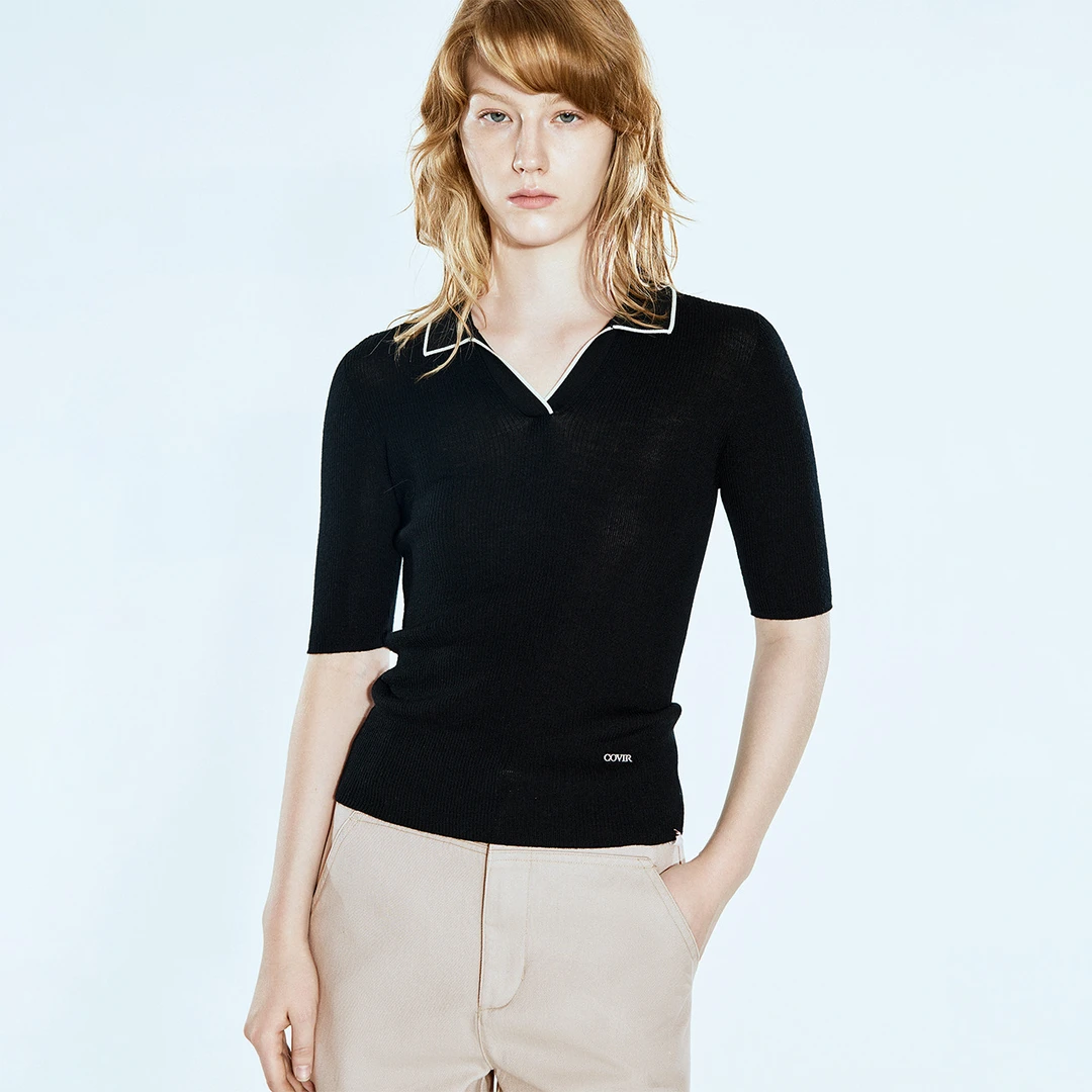 COVERINS2025夏季新款修身羊毛翻领针织毛针织衫CC35206170