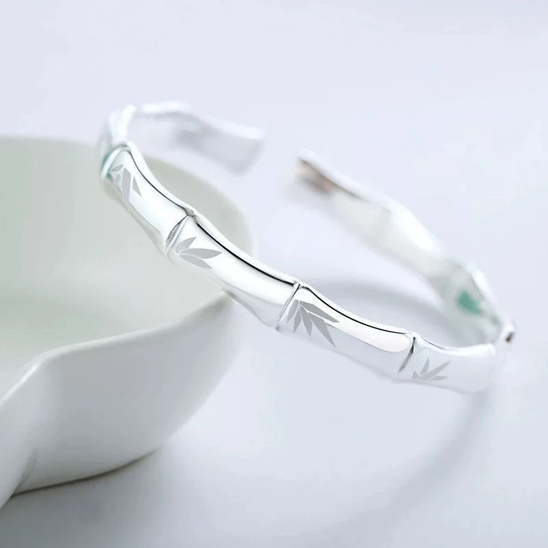 足银手镯 32号竹节开口手镯竹报平安节节高升手环女国风轻奢高级