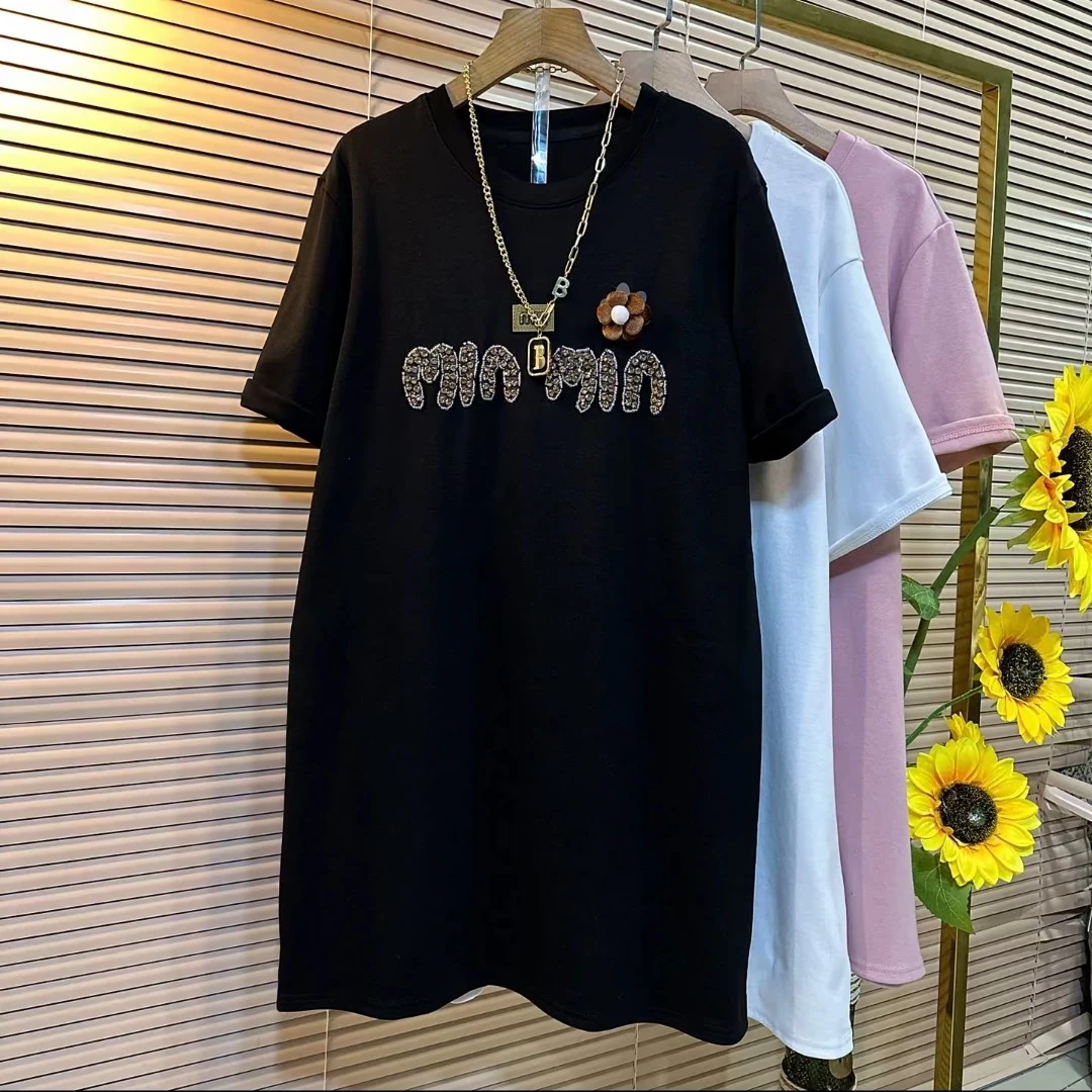 欧货重工字母花朵时尚百搭胖妹妹遮肉显瘦中长款半袖体恤