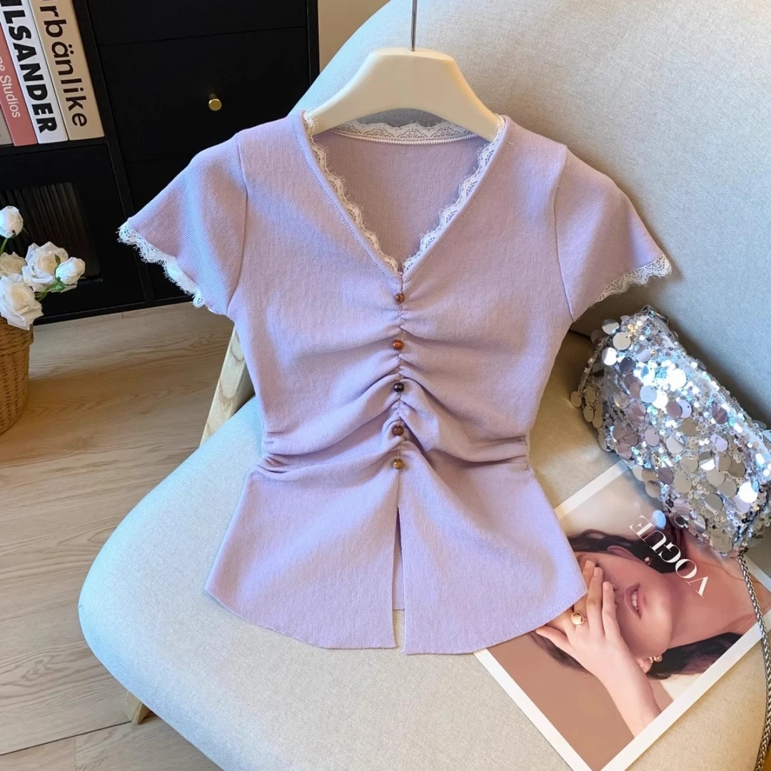 紫色蕾丝拼接v领短袖t恤女夏季设计感独特别致收腰褶皱针织衫上衣