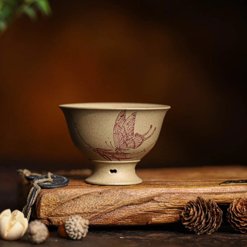 丨九斋蝴蝶刻绘主人杯  蝶影翩翩  邂逅紫砂千年雅韵