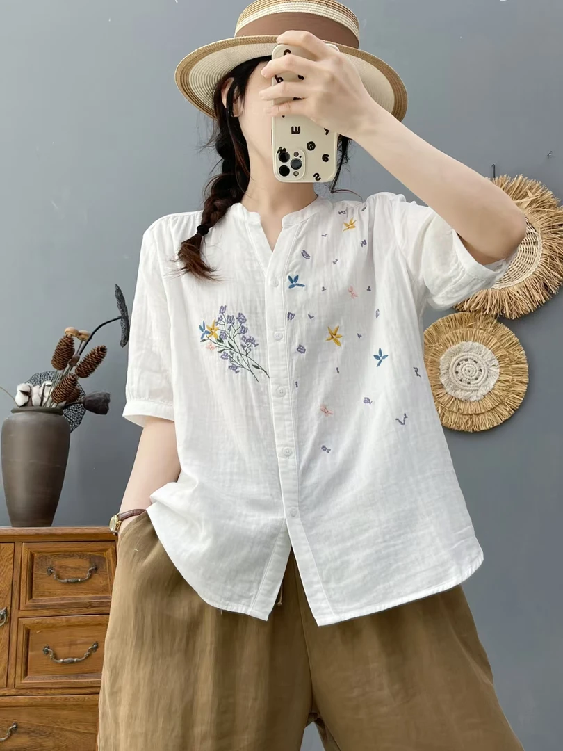 829刺绣纯棉夏季薄款文艺V领上衣休闲宽松百搭显瘦五分袖衬衫