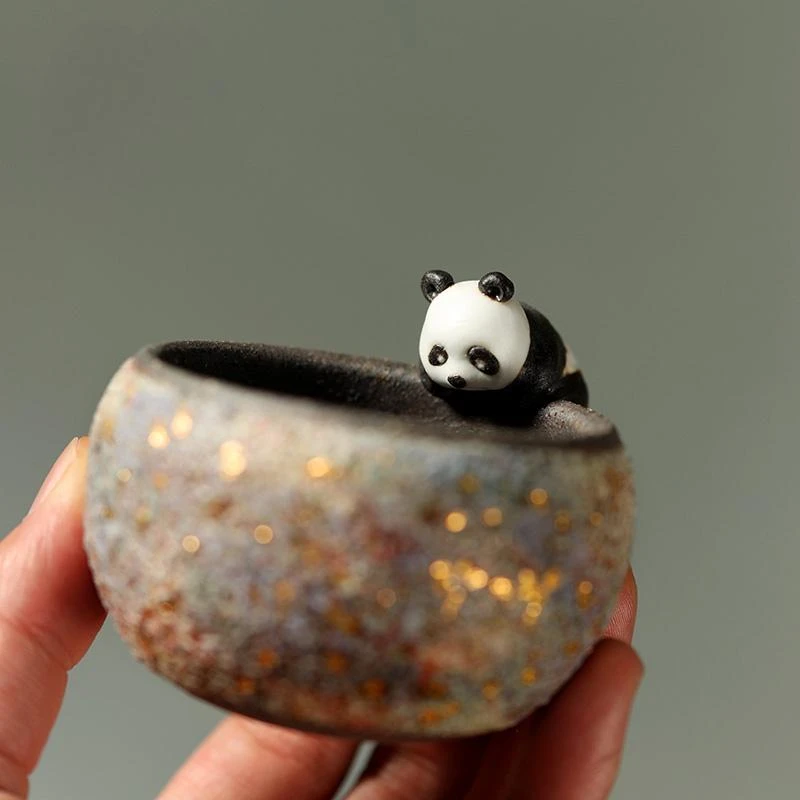 高档手绘岩矿熊猫茶杯柴烧纯手工茶盏创意老岩泥茶具主人杯品茗杯