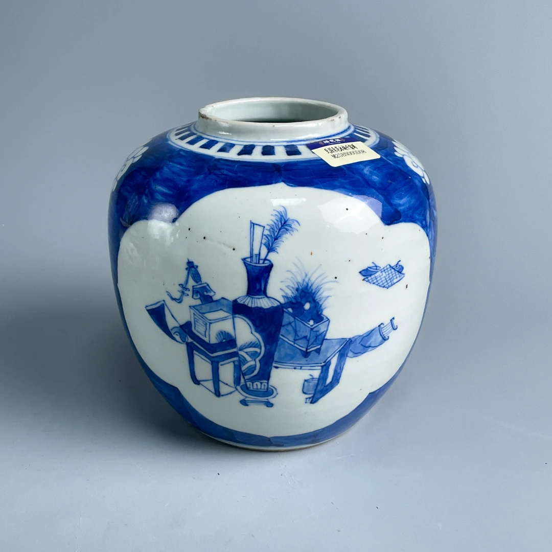 瓷器/古董民国青花冰梅开窗罐-M25BN000D08古玩/收藏/文物/绣花张