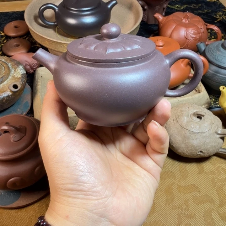 茶壶紫砂精工半手莲花壶天青