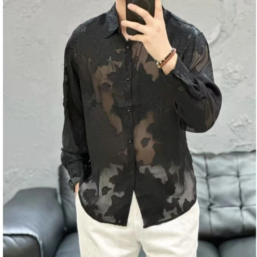 新款高端男士潮流百搭个性图案休闲轻薄短袖衬衫7063