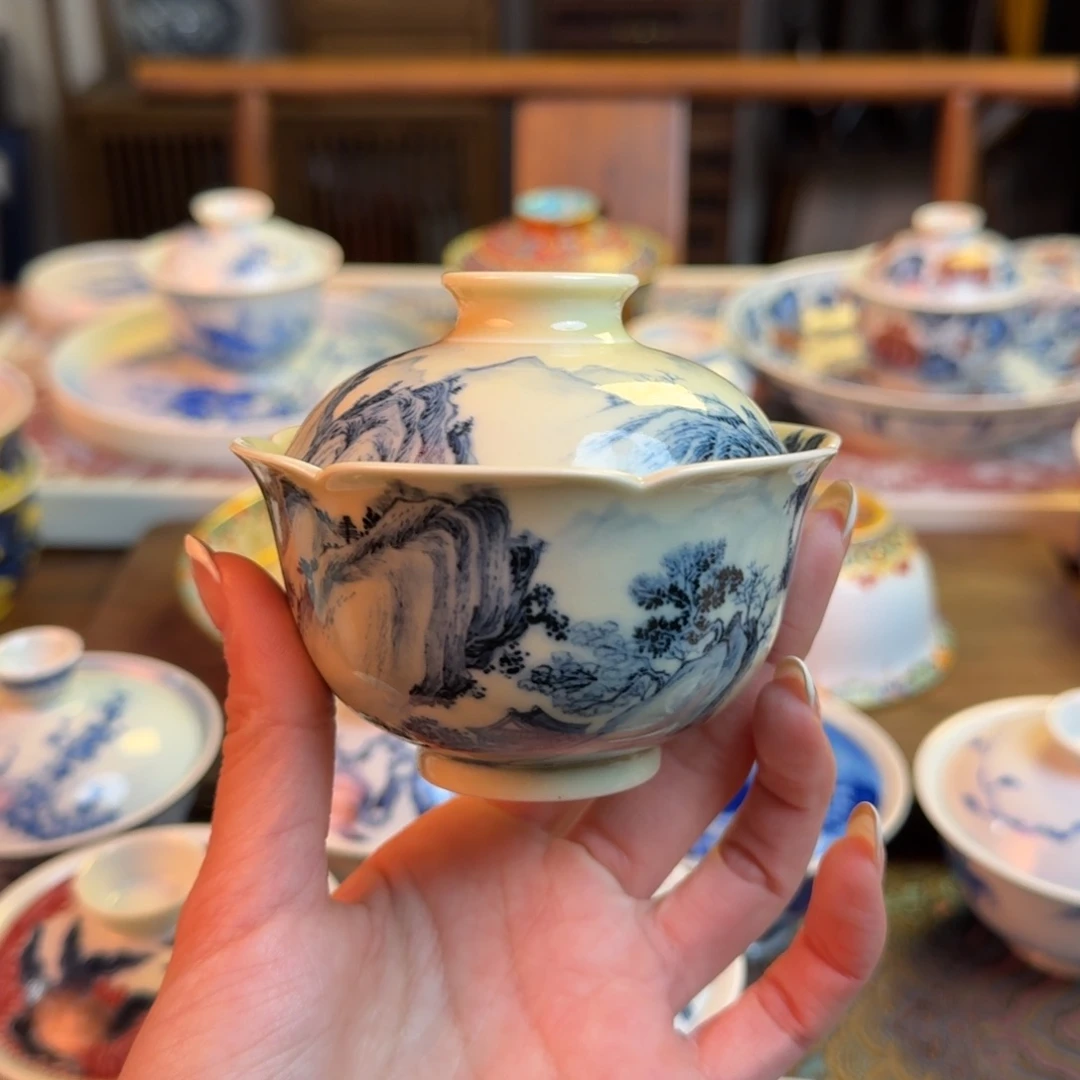 杯柴窑山水仿古盖碗