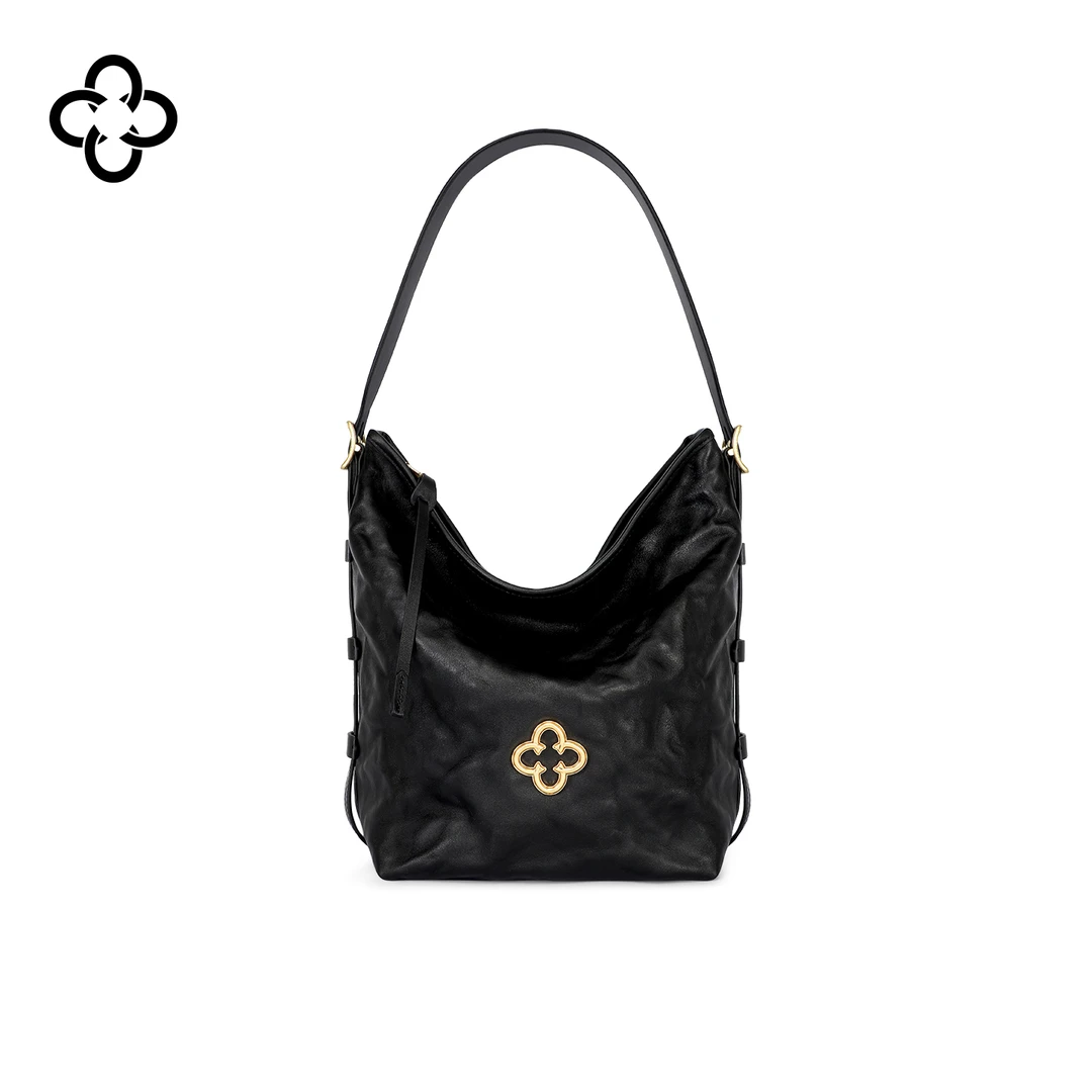 CASSILE/卡思乐松涛水桶包女植鞣牛皮褶皱单肩大包竖桶包