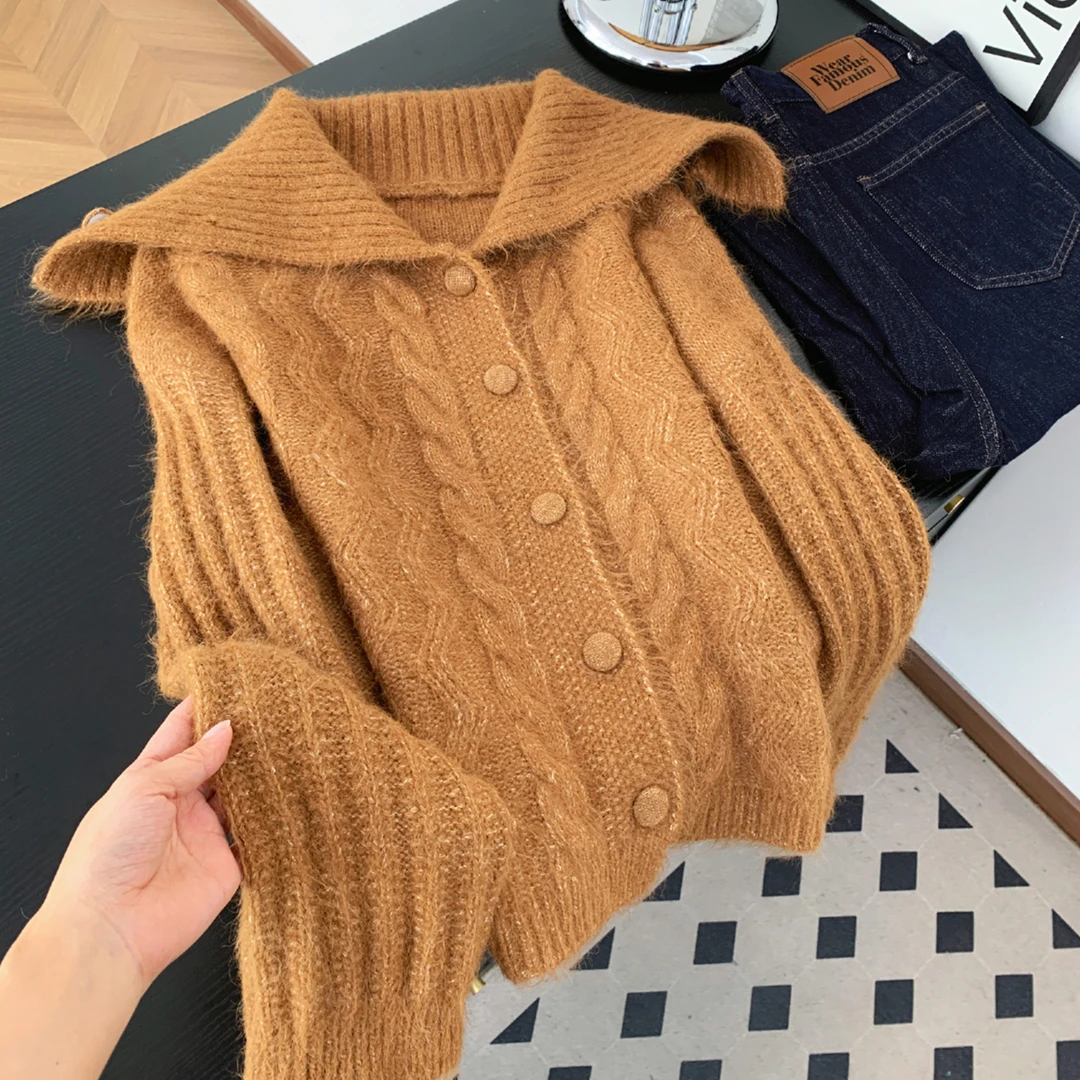 复古麻花海军领短款针织开衫女秋冬小众休闲慵懒软糯毛衣外套上衣