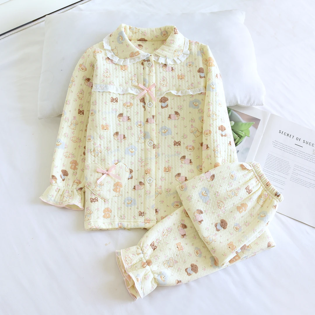2025新款儿童秋冬纯棉空气层睡衣套女童小狗狗加厚夹层宝宝家居服