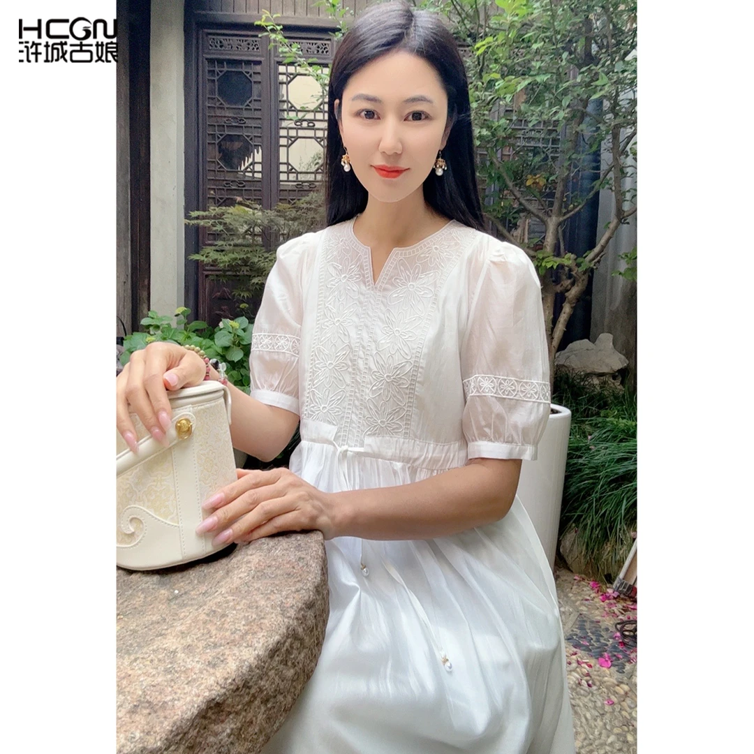 雪纺泡泡袖白色蕾丝宫廷中式仙气超仙女士过膝连衣裙WH0500136