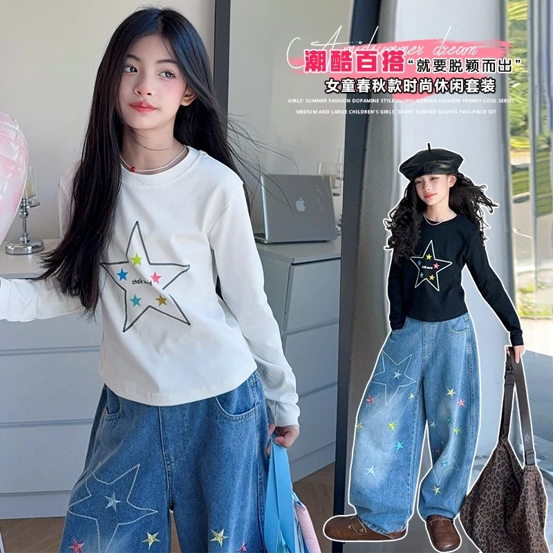 女童春秋款长袖T恤白色大儿童装打底衫初中生女孩秋季牛仔阔腿裤9