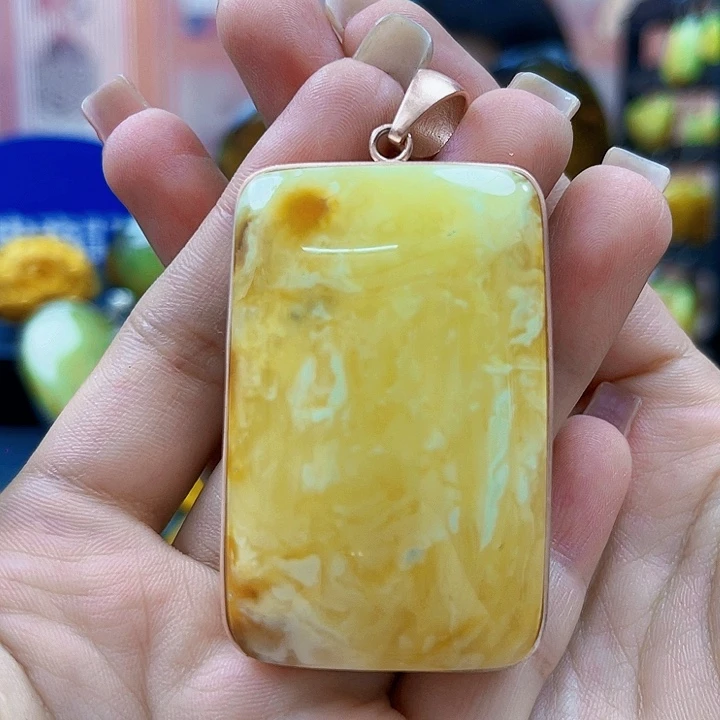 蜜蜡银S925镶嵌裸石吊坠