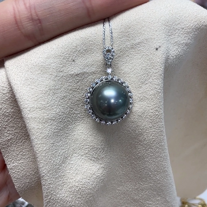 颈饰银S925镶嵌海水珍珠大溪地 13-14mm 69号