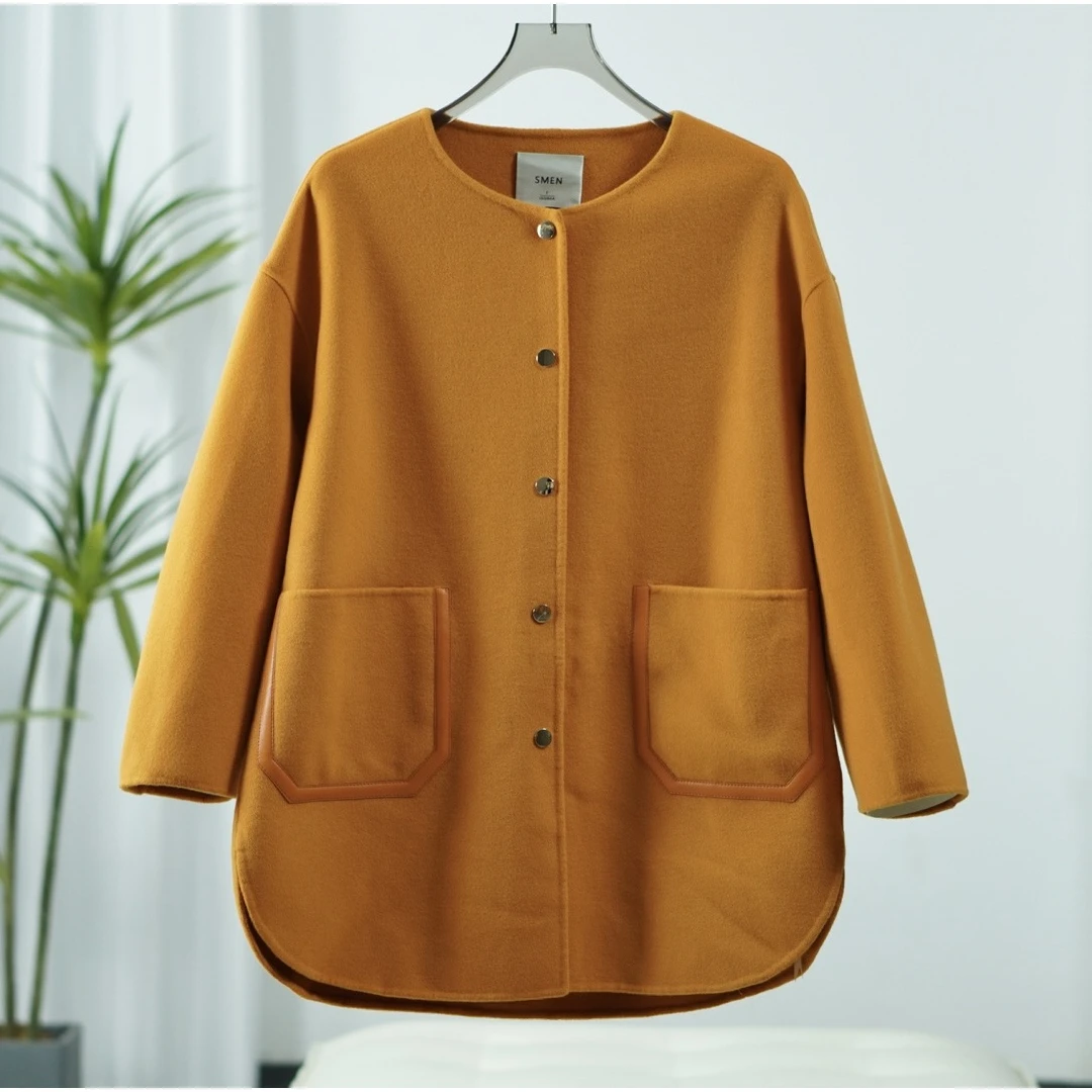 【诗M】O-460-1 女装秋冬中款双面毛呢大衣桔色2598757