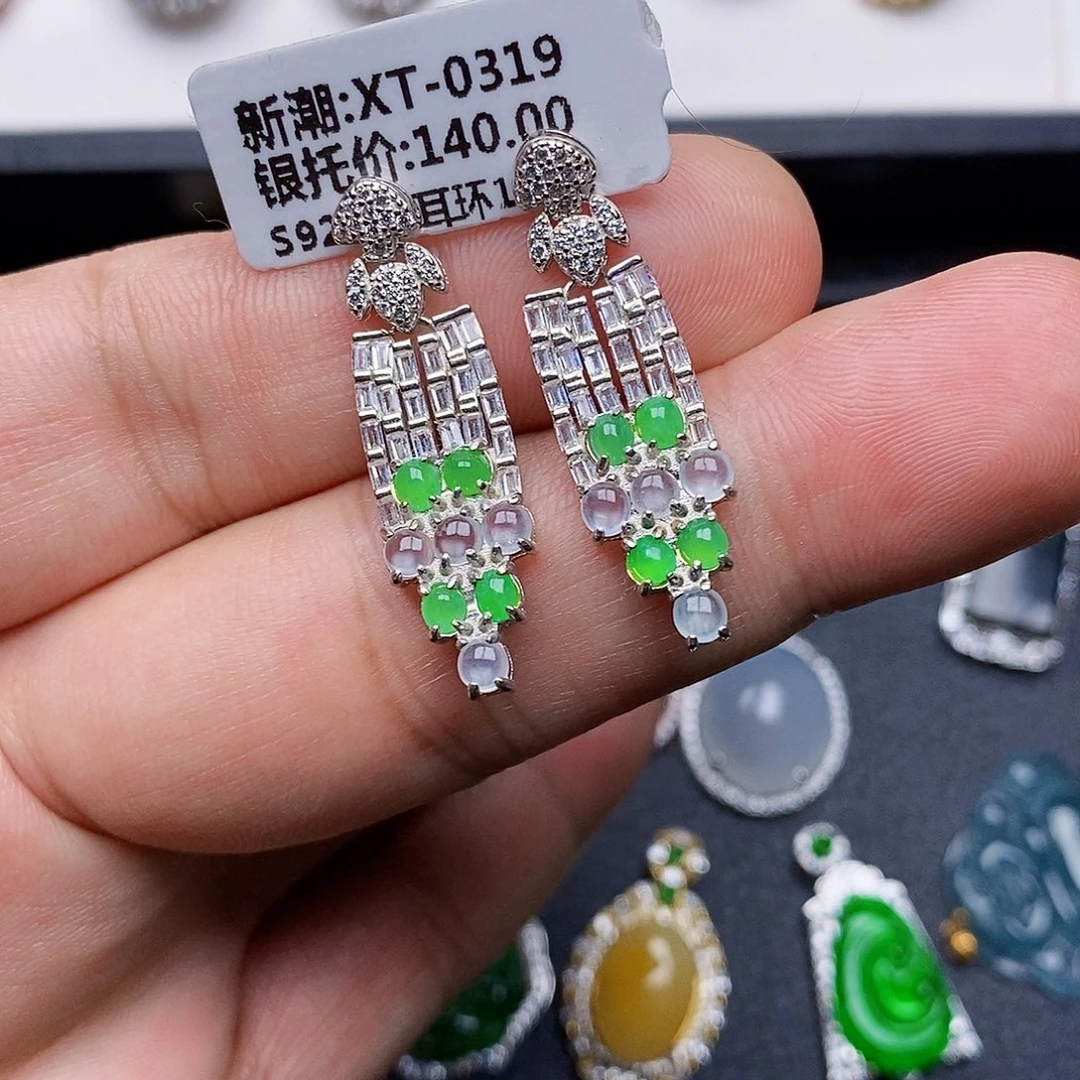 翡翠耳饰银S925镶嵌沙****米耳饰