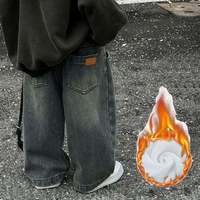 儿童一体绒牛仔裤秋冬季韩版男童时尚百搭复古做旧宝宝加绒牛仔裤