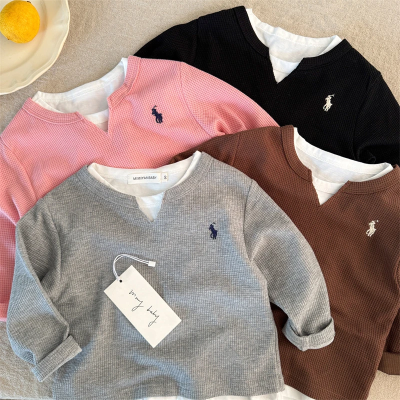 儿童T恤2025秋季新品男女童假两件刺绣T恤宝宝V领打底衫潮