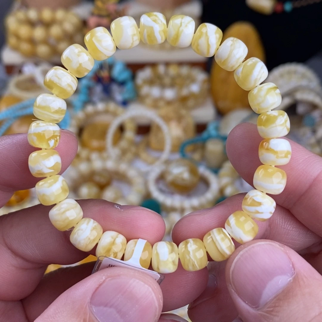 蜜蜡未镶嵌手链漆白细纹虎皮千层雪8.3mm