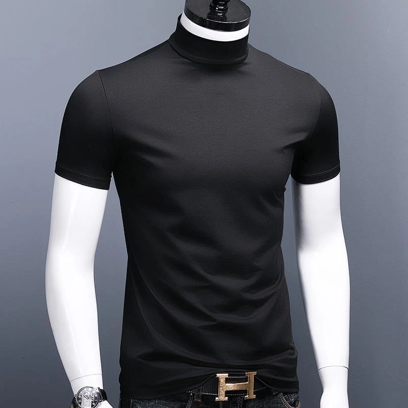 潮牌夏季高领男士短袖T恤薄款针织修身莫代尔半袖中领纯色打底衫