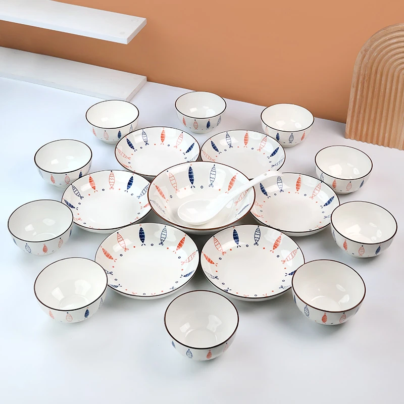 【孟垣】小鱼18件套可爱卡通陶瓷大号釉下彩家用简约米饭碗餐具套装