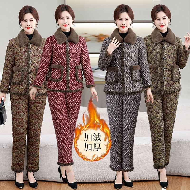 妈妈棉衣加厚加绒棉裤两件套中老年女冬季保暖棉袄套装棉服棉衣裤