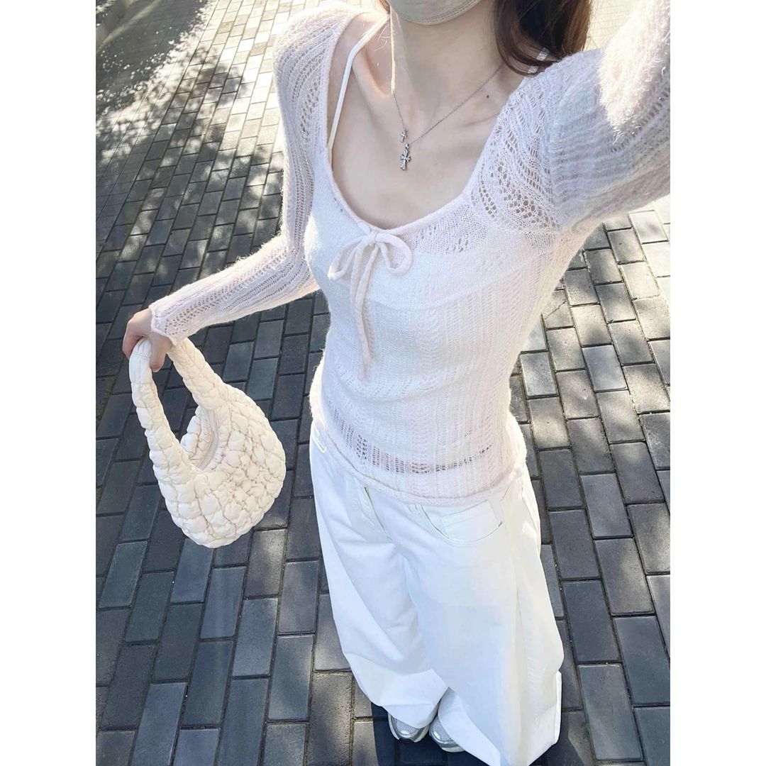 尊嘟太美腻了！法式镂空毛针织衫长袖T恤女早秋甜辣风百搭短款上衣