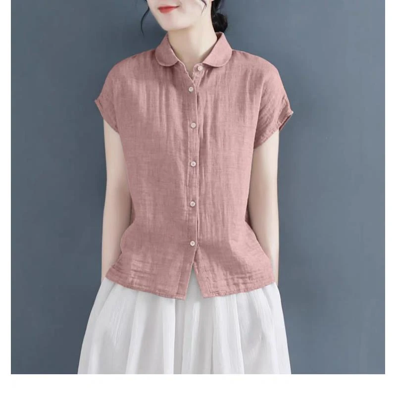 POLO领夏季短袖复古刺绣棉麻衬衫气质复古大码韩版洋气T恤349