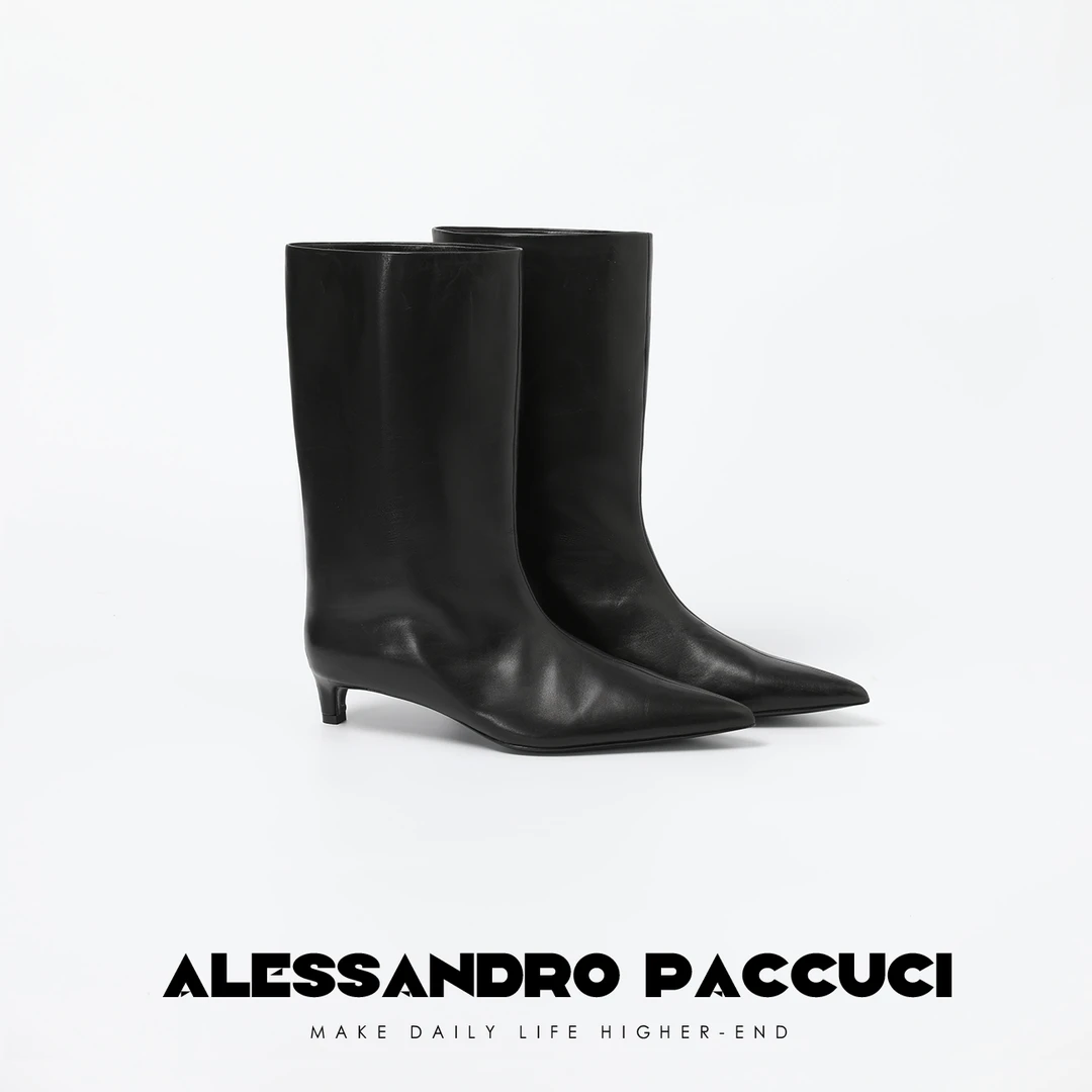 AP洛哥25014X【都市】胎牛皮+羊皮 尖头小猫跟极简直筒靴高帮鞋