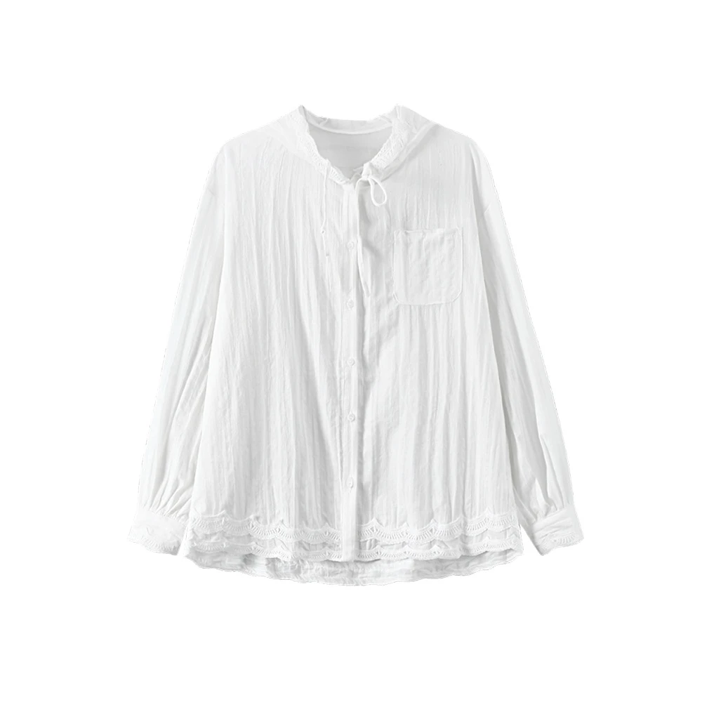 2025新款显瘦宽松型防晒连帽女装通勤蕾丝长袖休闲翻领衬衫86035