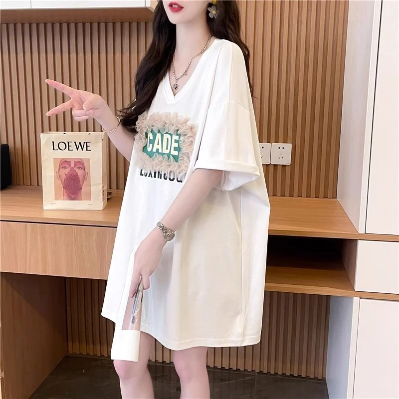 100%纯棉短袖t恤女夏季新款时尚中长款宽松显瘦网红体恤潮牌上衣