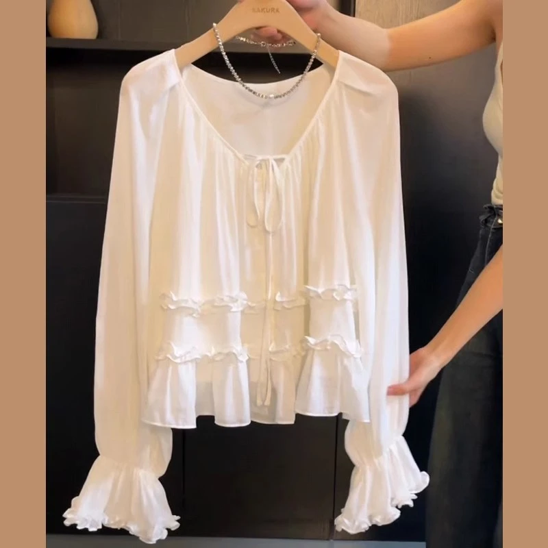 法式甜美温柔风v领百搭气质衬衫女2025新款微胖显瘦木耳花边上衣