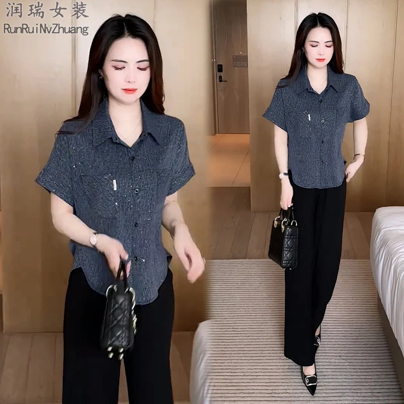 不起球复古衬衫气质压褶短袖休闲减龄上衣时尚格纹意式夏季套装潮