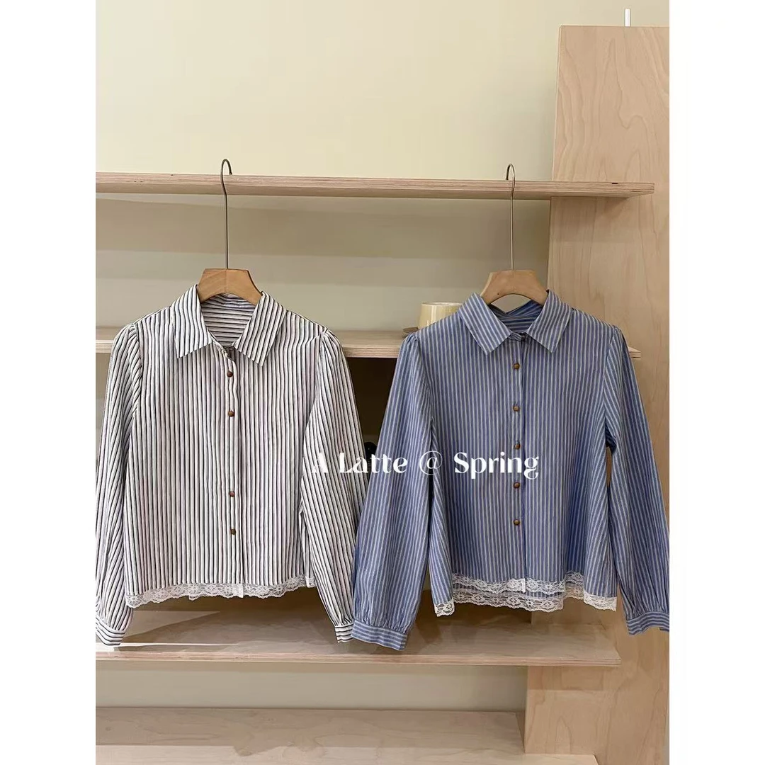 ALatte：海盐蕾丝/  工艺款翻领条纹拼接衬衫