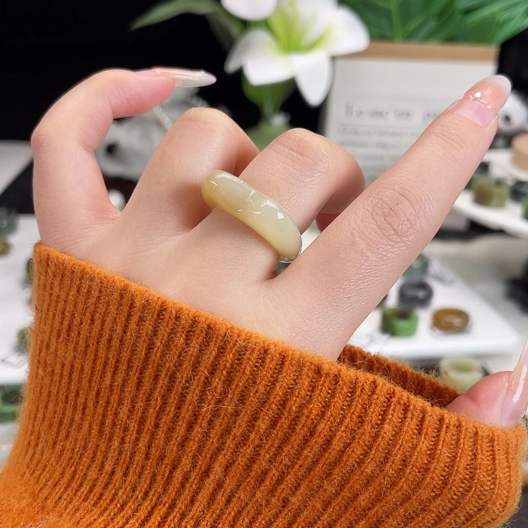 清****和田玉未镶嵌戒指h3奶杏渐变猫猫17.2不退换