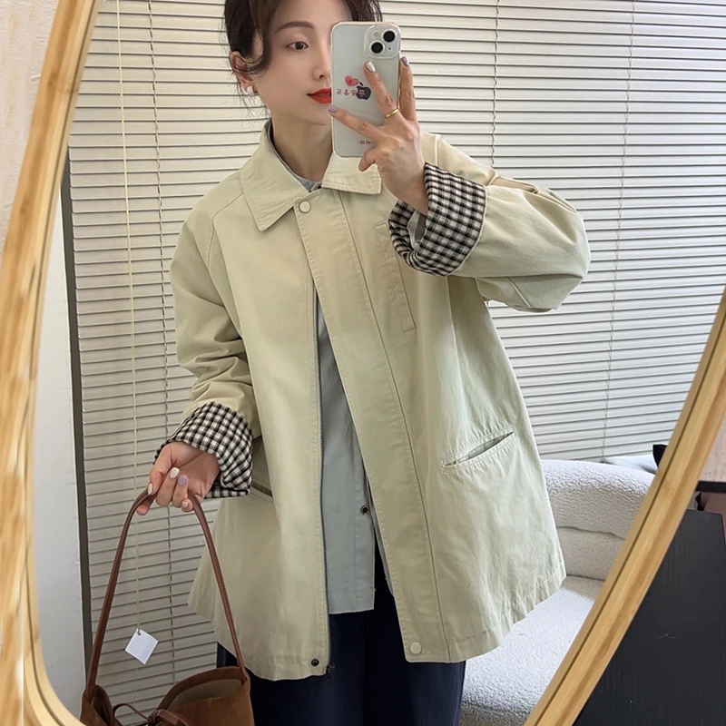 日系复古简约翻领风衣外套女春季宽松休闲百搭工装大衣设计感上衣