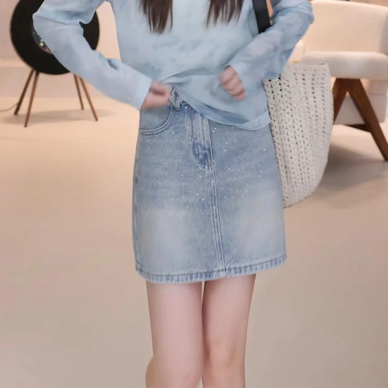 复古时尚A字牛仔短裙女2025年夏季新款韩系气质设计感烫钻半身裙