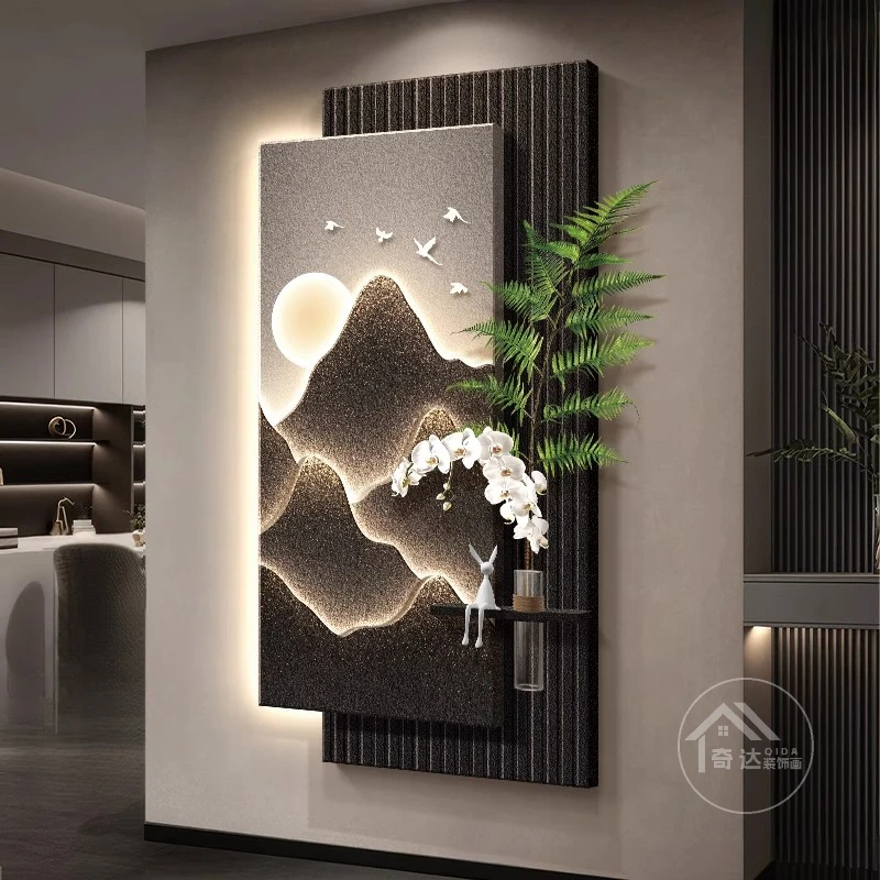 《背有靠山》现代轻奢玄关装饰画立体砂岩入户正对门挂画高级感壁画
