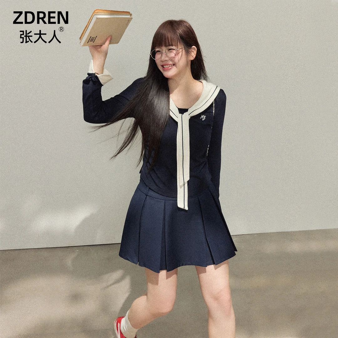 张大人【夜莺之歌】大码女装微胖妹妹显瘦小设计海军领上衣半裙套装