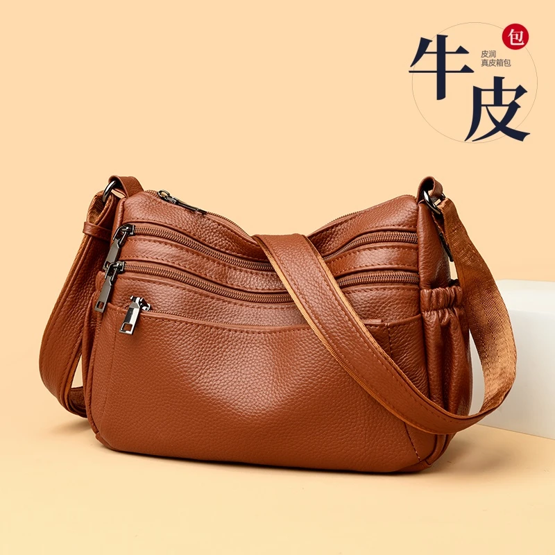 【真皮女包】头层牛皮斜挎包时尚妈妈包多层软皮包包单肩女士包大包
