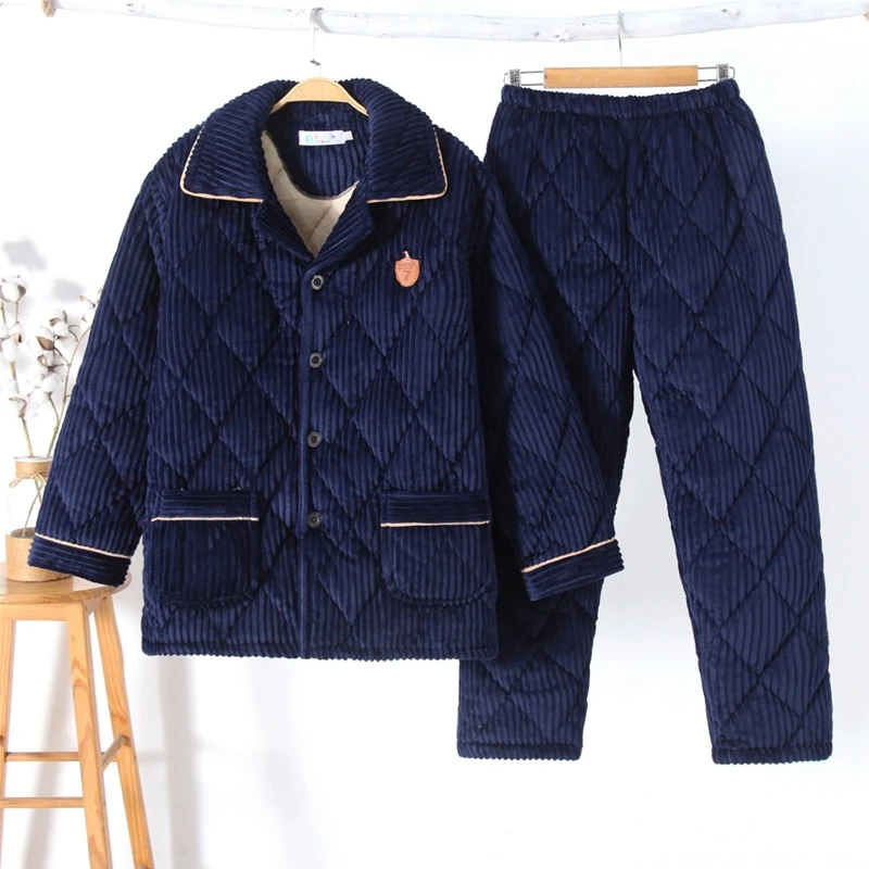 新款冬季男士法兰绒睡衣 三层加厚夹棉抽条保暖珊瑚绒家居服