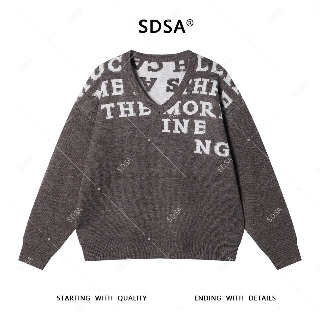 SDSA男士2025新款轻奢痞帅男装美式撞色字母V领套头针织毛衣复古