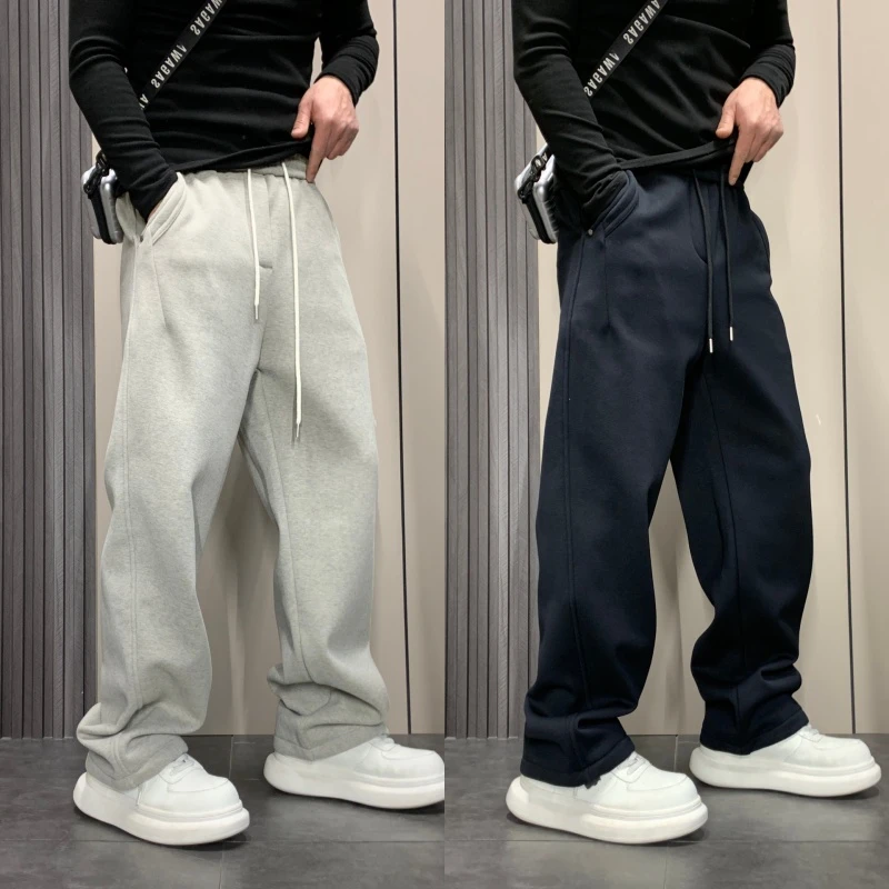 加绒加厚男重磅卫裤潮流纯色保暖休闲裤高品质松紧腰宽松百搭长裤