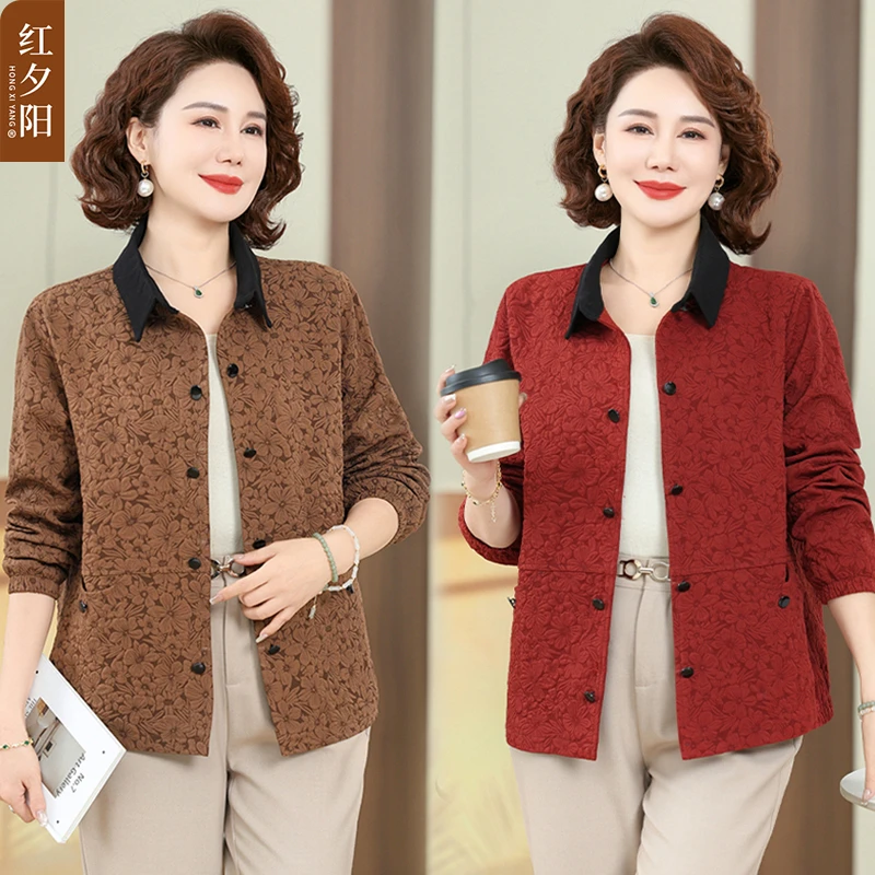 妈妈春秋薄款中年衬衫外套中老年人女装上衣短款休闲夹克开衫高档
