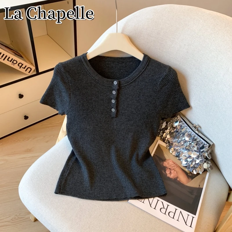 拉夏贝尔夏季简约气质老钱风短袖针织衫女百搭设计感显瘦短款上衣