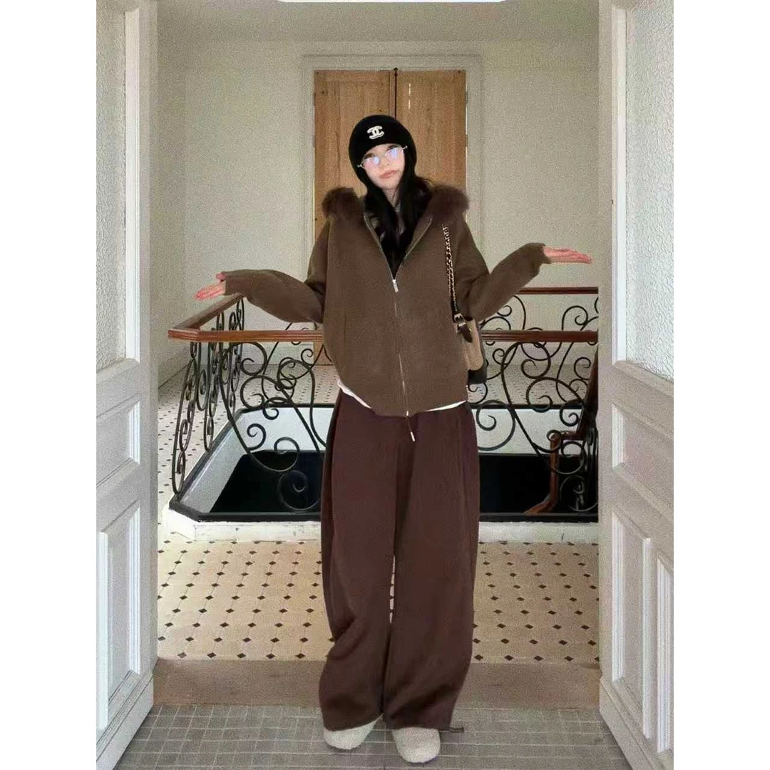 HUOHUO韩系慵懒风温柔连帽拉链针织外套女拼接毛领开衫HY034