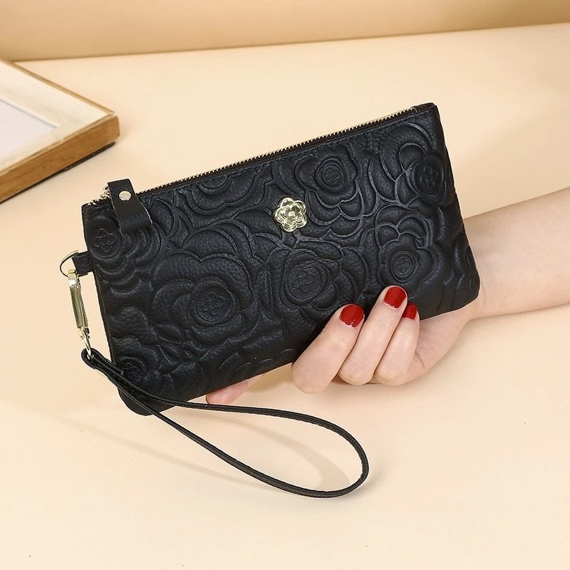 2025新款女士手拿包大容量头层牛皮压花纹拉链长款钱包真皮手抓包