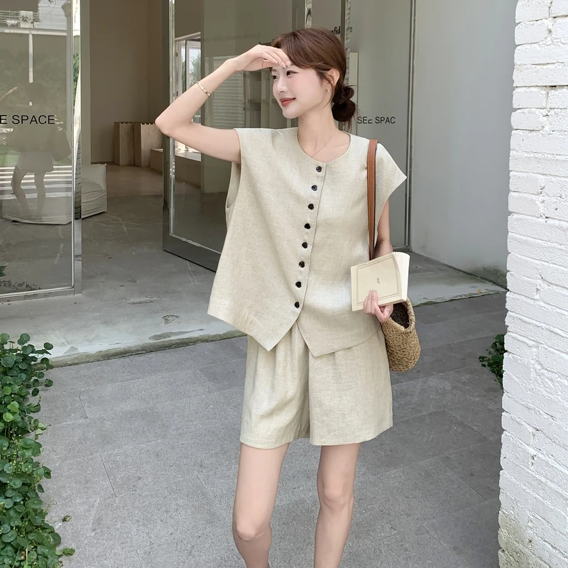 韩系老钱风休闲无袖马甲套装女2025夏季小个子气质宽松短裤两件套