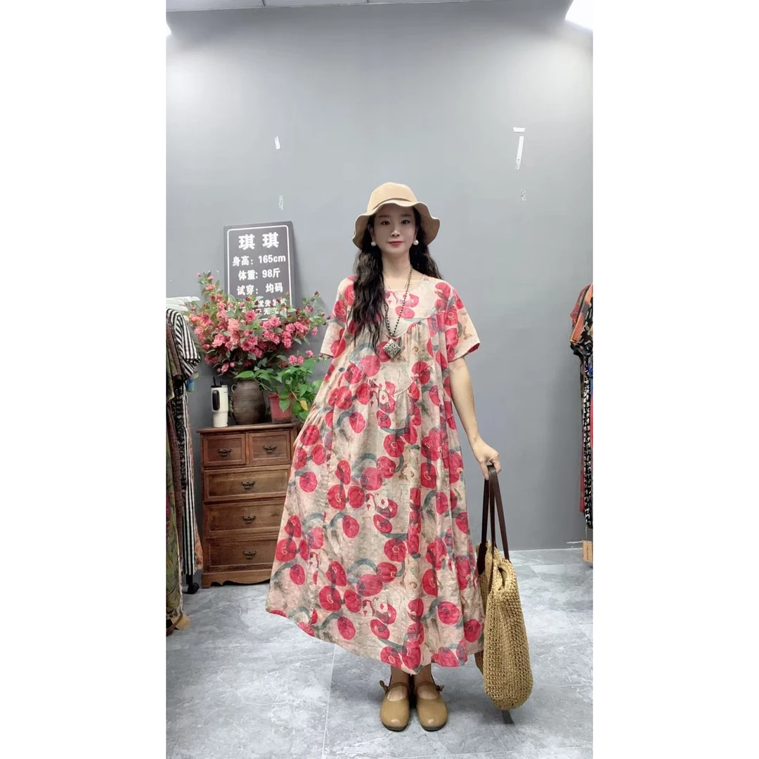 5213夏季新款显瘦气质时尚女百搭休闲文艺复古印花洋气宽松连衣裙